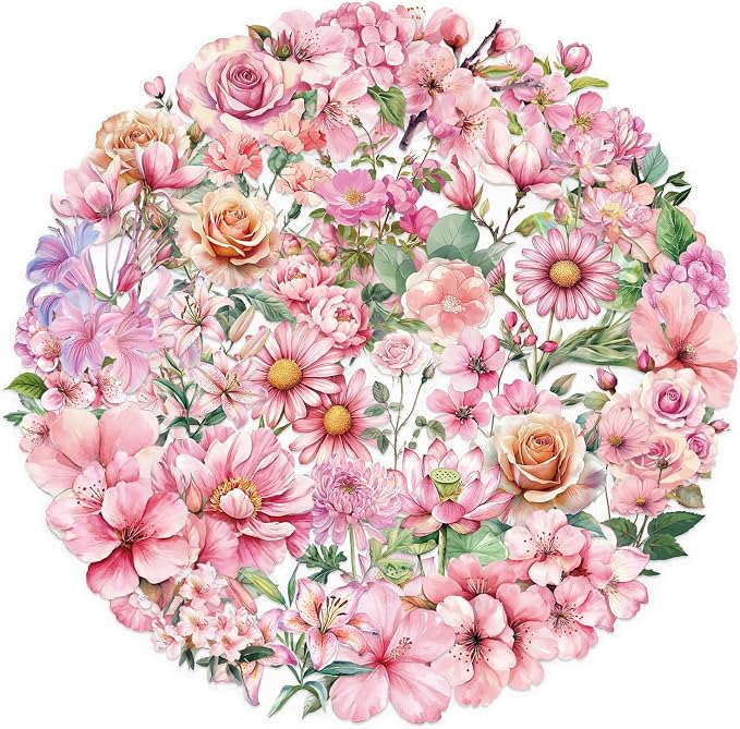 50Pcs Transparent Pink Flower Stickers PET Waterproof Nature Flower Decals Decorative for Water Bottles Phone Cases Laptops Scrapbook DIY Crafts Album Journal Plant Enthusiast (Pink Flower)