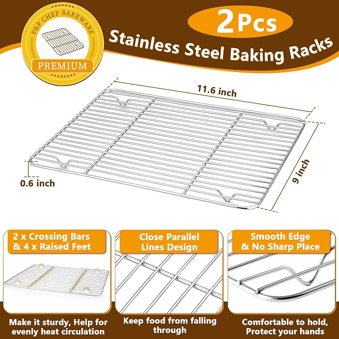 P&P CHEF 12.5 Inch Toaster Oven Pans with Racks, 4 Pieces Stainless Steel Oven Tray Baking Pan Sheet and Cooling Rack for Oven Cooking Roasting, Non Toxic & Dishwasher Safe