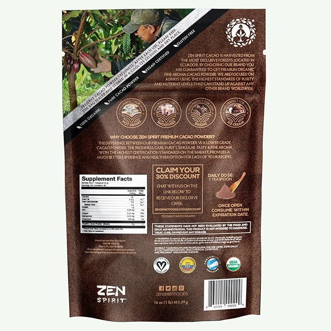 Cacao Powder Organic - 1 Pound - Unsweetened Premium Grade Superfood (Raw) - USDA & Vegan Certified - Perfect for Keto, Breakfast, Hot Chocolate, Baking & Ice Cream. (Cacao Powder (1 LB))