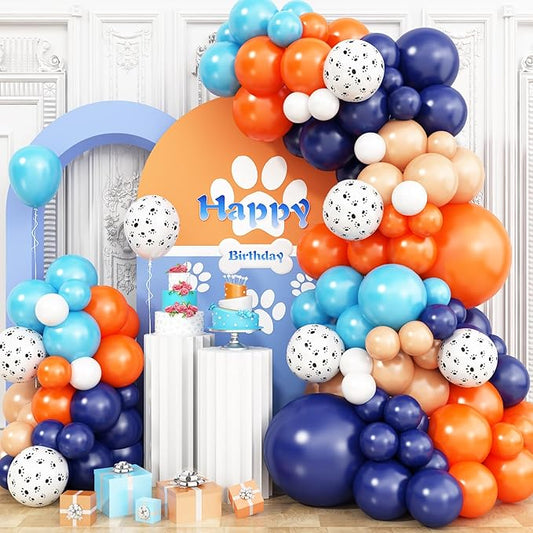Orange Blue Beige Balloons Garland Kit, Navy Blue Light blue and orange Balloon Arch Kit with Dog Paw Printed Balloon, Orange Blue Apricot Balloons for Puppy Paw Themed Boy Birthday Party Decorations