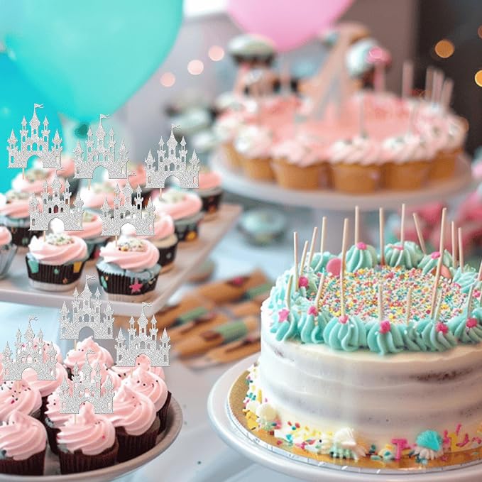 24 PCS Princess Castle Cupcake Toppers Glitter Princess Cupcake Toppers Queen Castle Theme Birthday Party Cake Decoration for Girls Princess Baby Shower Birthday Party Decorations Supplies Silver