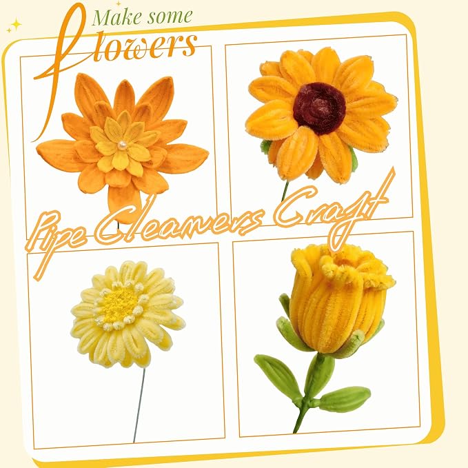 AHAMETON 620Pcs Golden Orange Pipe Cleaner Flower Kit, 6 Colors Bulk Pipe Cleaners Craft Supplies with Wire, Stamens, Ribbon, Tapes, Card, DIY Flower Making for Gifts Home Decor, Party & School Crafts