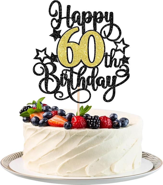 1 PCS Happy 60th Birthday Cake Topper Black Gold Glitter Cheers to 60 Years Birthday Cake Pick Hello 60 Fabulous Cake Decoration for Happy 60th Birthday Anniversary Party Decorations Supplies