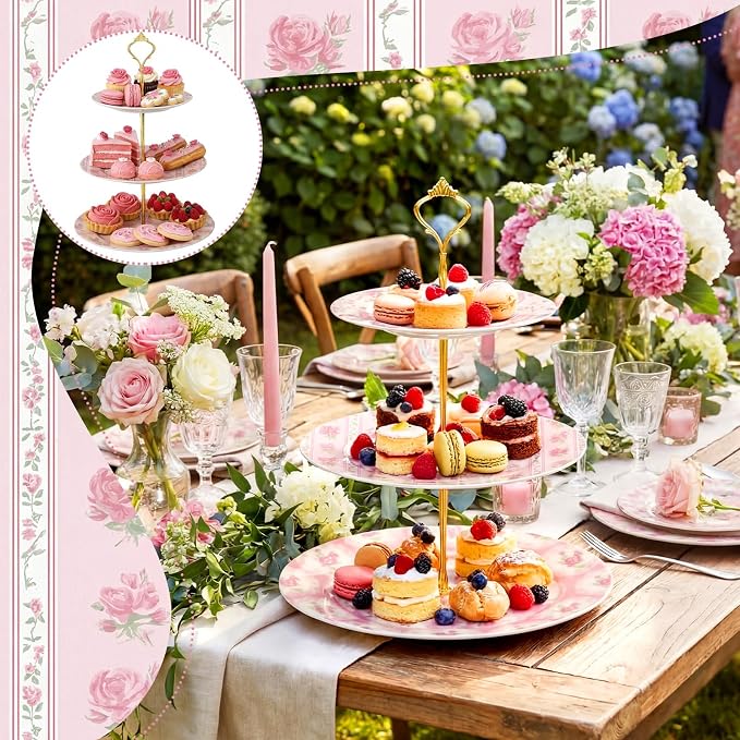 Lallisa 3 Tier Tea Party Cake Stand 10", 9" and 7" Ceramic Shabby Floral Dessert Stand with Metal Rack Coquette Cupcake Tower for Wedding Bridal Shower Baby Shower Decoration