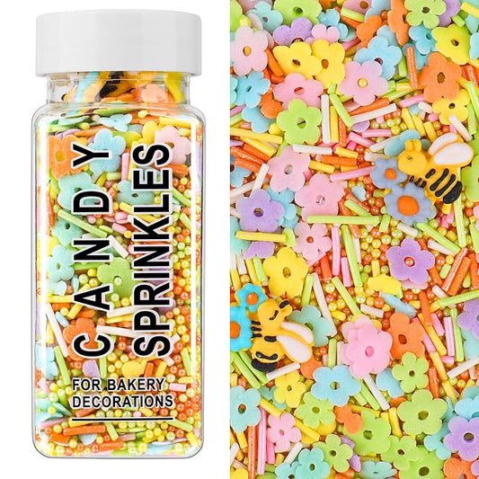 Flower Sprinkles for Cake Decorating, 4.6oz Edible Spring Summer Colorful Sprinkles with Flowers Bees Green Pearls for Cake Cupcake Baking Cookie Toppings