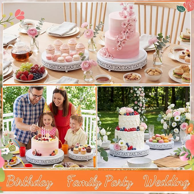 Wenqik 2 Pack Cake Stand Set, 14/16 Inch Metal Round Cupcake Dessert Stand Decorative Elegant Cake Display for Weddings Party Birthday Baby Showers Anniversary(Floral Lace,White)
