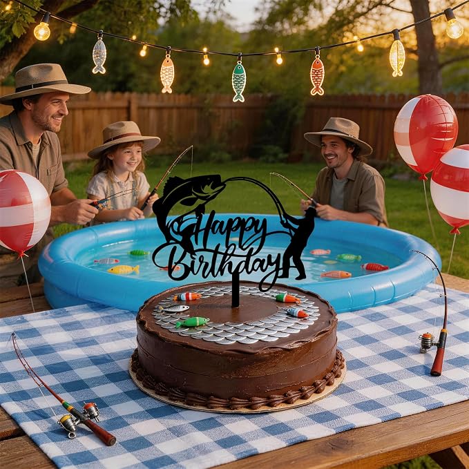Fishing Happy Birthday Cake Topper, Large Mouth Bass & Fish Rod Silhouette Acrylic Cake Pick, Gone Fishing Themed Cake Decoration for Angler Dad Grandpa Fisherman Birthday Party Supplies