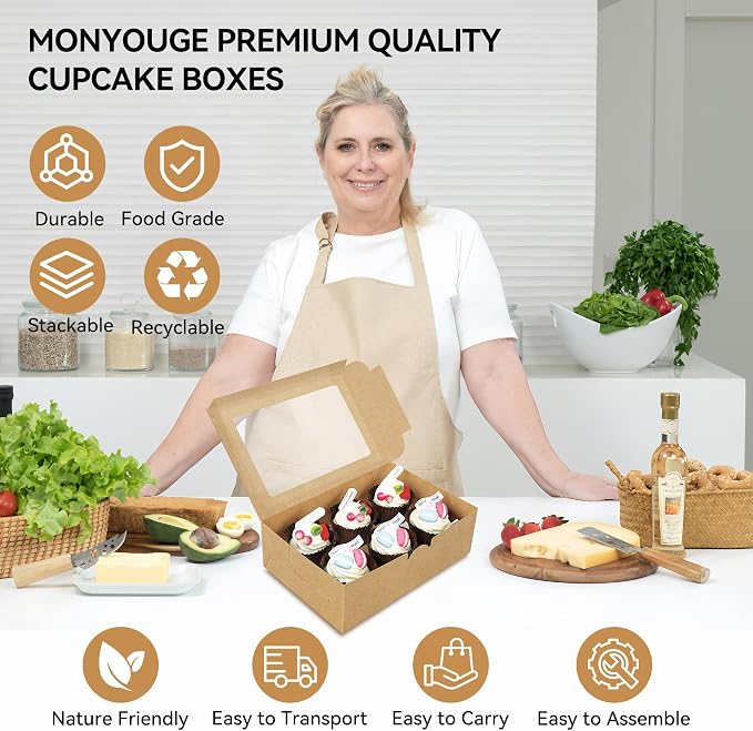 30-Set Cupcake Boxes Bulk with Clear Display Window Hold 6 Standard Cupcakes, Disposable Food Grade Brown Cupcake Carrier Cupcake Container, Perfect for Cupcakes Muffins Cookies Pastries