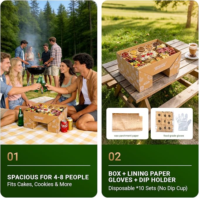 Cute Cardboard Charcuterie Boards with Lid Heavy Duty 10PK, Oil-Proof Pastry Box w/ Wax Paper, Disposable Platter Box Compostable for 4-8 People, Catering Travel Picnic Bakery TakeOut 13"x10"x4"