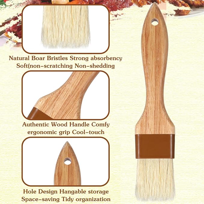 Molain 2 Pack Natural Boar Bristle Pastry Basting Brush, 1.5 Inch Non-Shedding Heat Resistant Cooking Brush for Butter Egg Wash Oil Sauce Baking with Wooden Handle