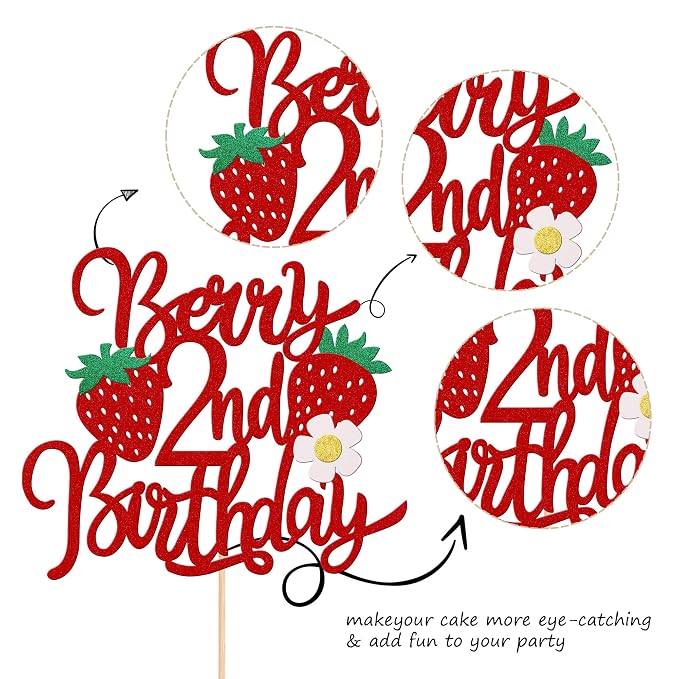 1 PCS Strawberry Berry 2nd Birthday Cake Topper Glitter Second Birthday Flower Strawberry Cake Pick for Sweet Fruit Theme Baby Shower Kids 2nd Birthday Party Cake Decorations Supplies