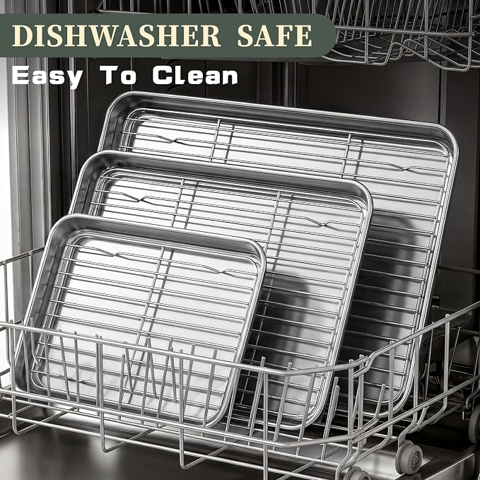 Baking Sheet with Rack Set (3 Pans + 3 Racks), 9/12/16 Inch Stainless Steel Cookie Sheet Baking Pan Tray with Cooling Rack, Jelly Roll Pan with Wire Rack, Warp Resistant & Heavy Duty & Rust Proof