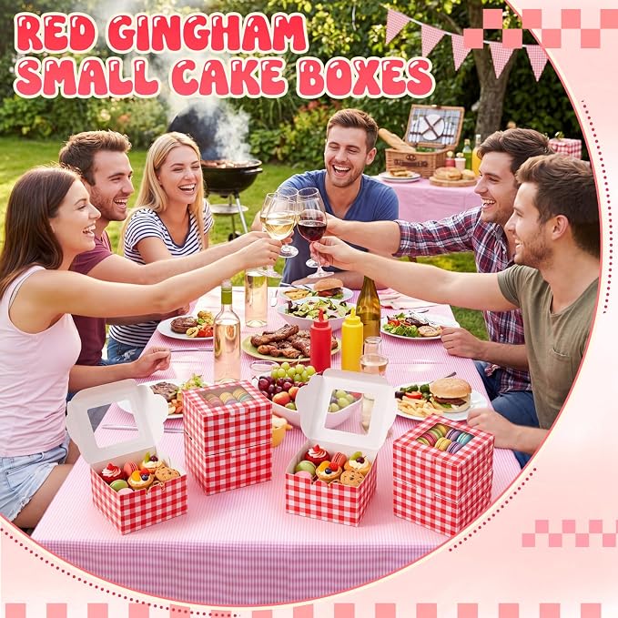 50 Pack Red Gingham Cookie Boxes with Window, Small Plaid Bakery Treat Boxes for Pastry Donuts Macaroon Cupcakes, Wedding Bridal Baby Shower Birthday Party Favors
