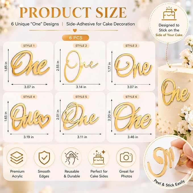 6Pcs One Cake Topper,1st Birthday Cupcake Topper,Gold Acrylic Cake Topper Cupcake Toppers,Number 1 Cake Decor Suitable for Girl Boy 1st Birthday Party