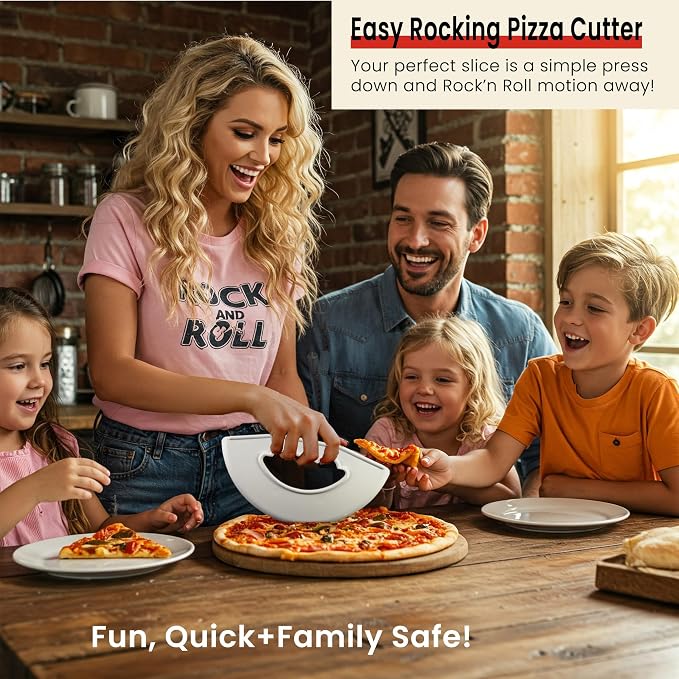Rock'n Roll Pizza Cutter, Plastic, Non-Stick, Rocking, 9 inch, Easy to Clean, Dishwasher Safe, Handheld Pizza Slicer, Easier Slicing Tool, Baking Tools, Pastry Bread Cutting Knife, Made in USA, White