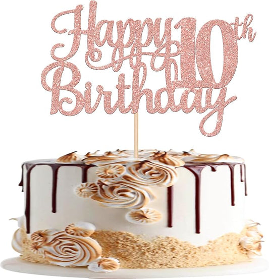 1 PCS Happy 10th Birthday Cake Topper Glitter Cheers to 10 Years Birthday Cake Pick 10 Fabulous Double Digits Cake Decoration for Happy 10th Birthday Theme Party Decorations Supplies Rose Gold