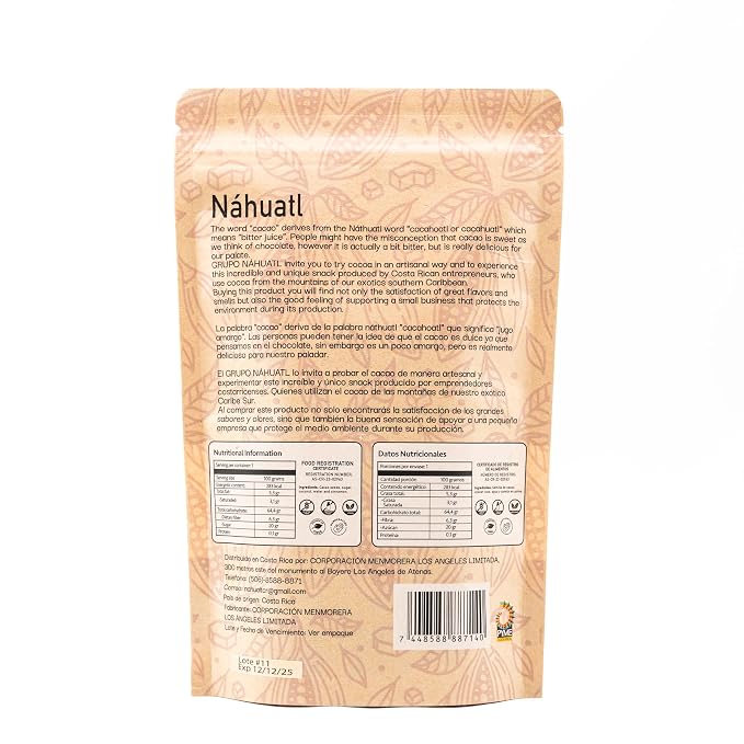 Nahuatl 100% Costa Rican organic caramelized cacao beans, Whole food, Gluten and lactose free, Vegan, Artisan, Source of fiber Keto and Non-GMO, (100g / 3.5Oz).