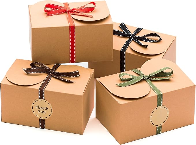 Large Brown Kraft Cookie Boxes with Ribbons & Sticker (20 Pack) 9” x 5.5” Decorative Craft Gift Boxes for Baked Goods, Candy, Bread Loaf, Small Treats, Christmas, Food Packaging, Empty, Bulk, Foldable