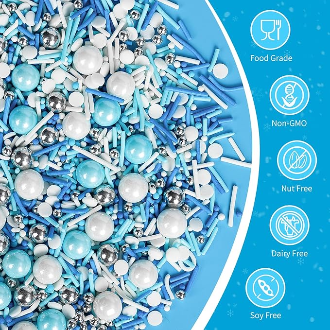 Edible Blue Silver White Sprinkles,Winter Jimmies Pearls Mix,130g/4.58oz,Perfect for Cake Decorations,Cake and Cupcake Sprinkles with Assorted Shapes and Sizes for Parties Baking,Ice Cream,Cookies,Cupcake Topper,Baby Shower Party Decorating Supplies