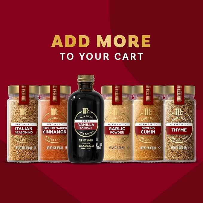 McCormick Gourmet Collection Vanilla Extract, Pure, Our Best Herbs & Spices, Crafted in Small Batches with 100% Madagascar Vanilla Beans, Elevates Cookies, Pancakes, Waffles, Coffee, Sauces, Glazes, and More, 4 fl oz