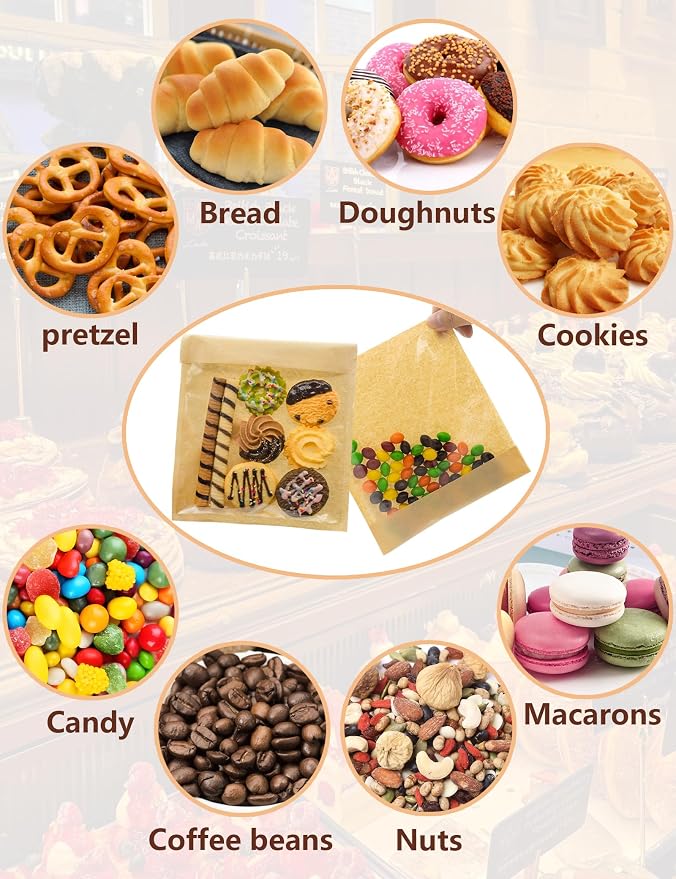 800 Pack Self Sealing Cookie Bags with Seal, 5.9x6.5 Inch Paper Bakery Bags with Window, Grease Resistant To Go Sleeves for Packaging Donut, Snack, Scone, Browni, Small Pastries and other Treats
