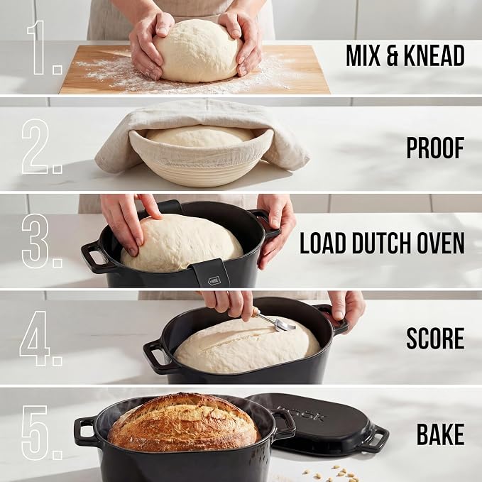 Kook Oval Dutch Oven, for Bread Baking, Sourdough Loaf Pan, Dual Handles, Enameled Cast Iron, with Sling, Dishwasher Safe, 3.4 Qt, Ivory