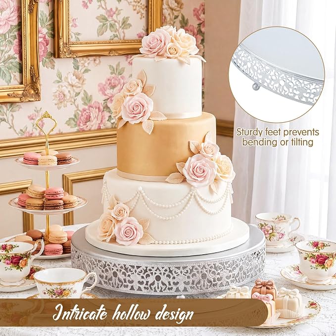 Wenqik 14 Inch Silver Cake Stand Set Metal Round Cupcake Dessert Stand with Cake Cutting, Spatula Wedding Cupcake Pastry Display Candy Holder Display for Wedding Party Birthday Baby Shower(Classic)