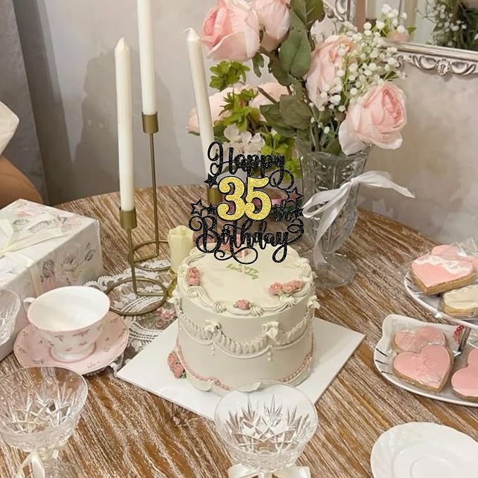 1 PCS Happy 35th Birthday Cake Topper Black Gold Glitter Cheers to 35 Years Birthday Cake Pick Hello 35 Fabulous Cake Decoration for Happy 35th Birthday Anniversary Party Decorations Supplies