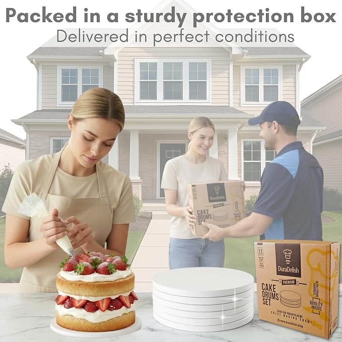 12-Pack Cake Drums 8,10 & 12 inch Reversible, Sturdy 1/2" Thick, Greaseproof, White | Free Prop Up Tool + Matching Ribbon | Professional Round Cake Boards for Tiered, Wedding, Birthday Cakes