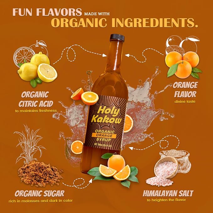 Holy Kakow Cafe Organic Orange Syrup - Orange Syrup, Coffee Syrup, Organic Syrup For Coffee, Syrup For Coffee, Add To Latte, Cocktail And Shake, Real Food Ingredients, Specific Flavor - 750Ml