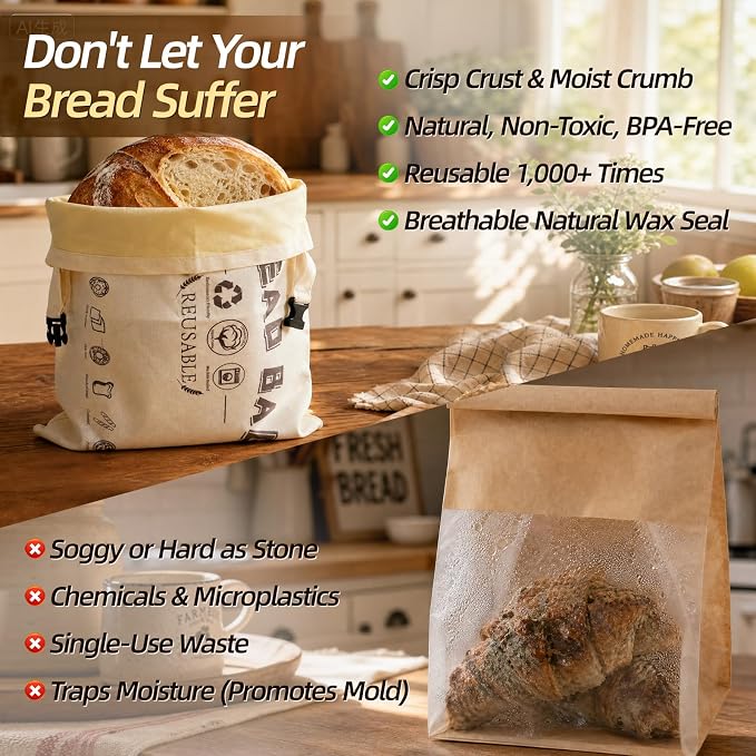 Set of 2 XL Beeswax Bread Bags for Homemade Sourdough | Extra Large Organic Cotton Reusable Bread Bag with Roll Top Buckle, Fresh Storage Keeper for Bakers Loaf, Bagels, Toast.