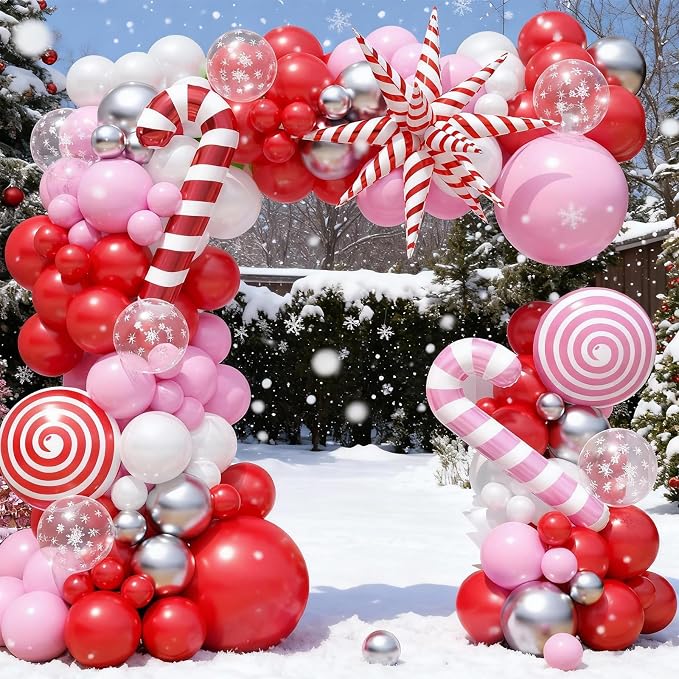 Christmas Balloon Arch Kit, 108 Pcs Xmas Snowflake Balloons, Red Pink Silver White Latex Balloons Candy Cane Foil Balloons for Xmas Baby Shower Winter Birthday Wonderland Christmas Party Decorations