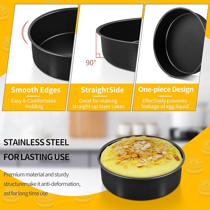 P&P CHEF Non-stick Cake Pan Set of 2,6 Inch Round Baking Cake Pans Tins for Tier Smash Cakes, Non-Toxic & Solid, Stainless Steel Core & Leak-Proof, 2Pcs
