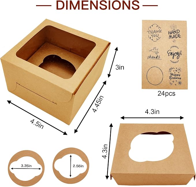 Jotique Cupcake Boxes with Window, 20 Sets 4.5x4.5x3 Inch Kraft Paper Bakery Boxes for Single Cupcake, Cookies and Muffins, Sturdy Disposable Treat Boxes for Individual Pastry, Baked Good, Gift Giving
