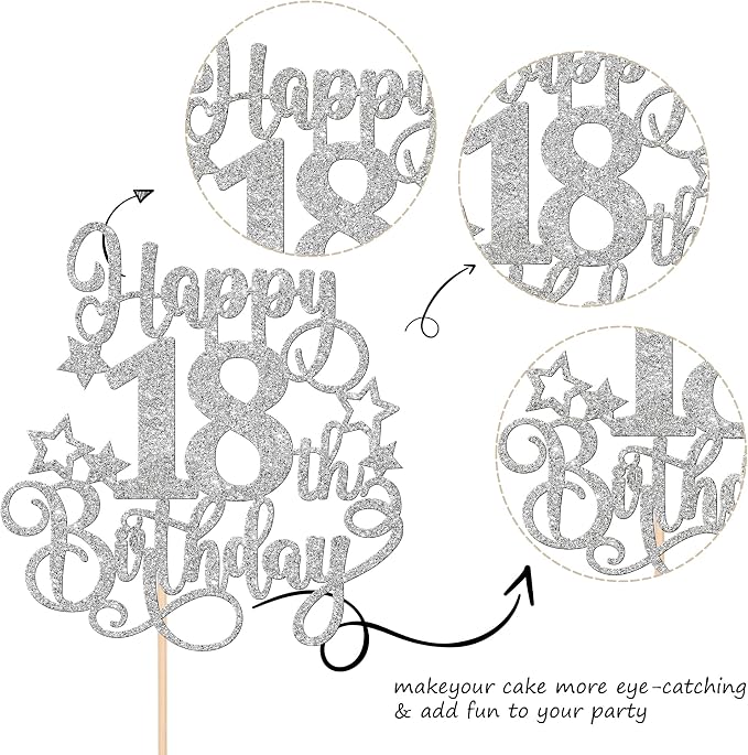 1 PCS Happy 18th Birthday Cake Topper Glitter Cheers to 18 Years Birthday Cake Pick Hello 18 Fabulous Cake Decoration for Happy 18th Birthday Anniversary Party Decorations Supplies Silver