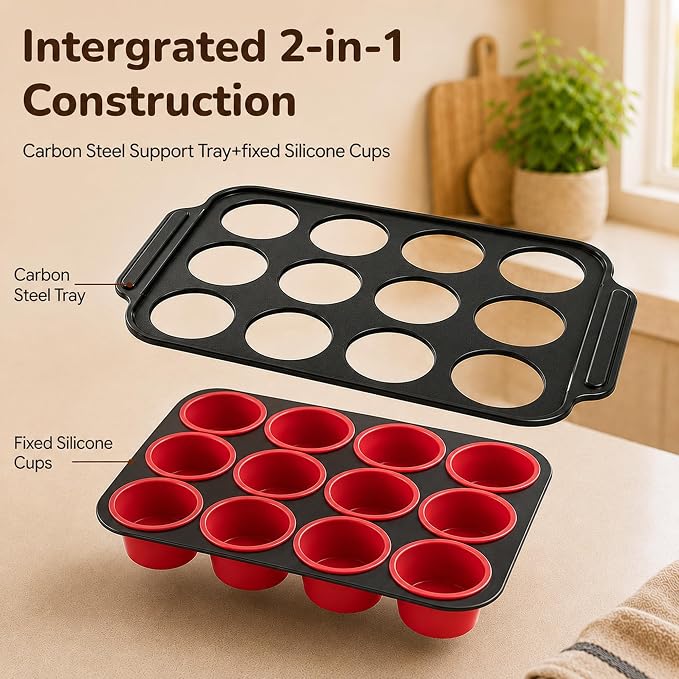 Silicone Muffin Pans for Baking with Metal Reinforced Frame, Muffin Tin Egg Bites Mold 12-Cup Regular Size, Nonstick Muffin Cups Tray Easy to Pop Cupcake Pan for Oven & Dishwasher Safe - Red