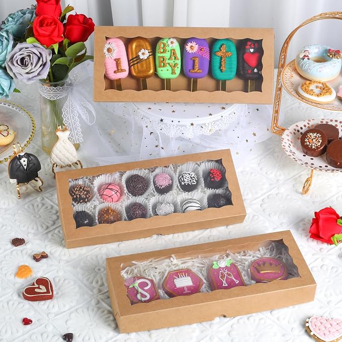 24pcs 12x5x1.5 Inch Borwn Cookies Boxes. with Window Bakery Boxes Macaron Boxes Chocolate Truffle Boxes Donut Treat Boxes Cakesickle Boxes for Christmas Valentine's Easter Mother's Day