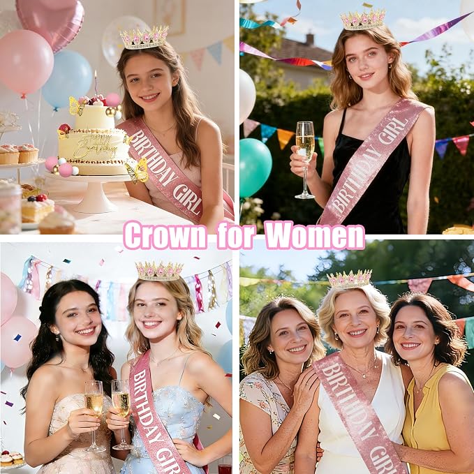 Crown & Birthday Sash for Women - Crown Happy Birthday Cake Topper Candles Balls Butterfly | Corona Para Pastel | Sweet Crown Decorations for Queen Princess Bride Wedding Prom (Gold, Pink)
