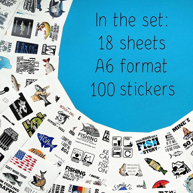100Pcs Funny Fishing Stickers — Fisherman Decals for Laptops, Water Bottles, Scrapbooking — Fishing Gifts for Men & Women, Laptop Decals, Gifts for Women & Men