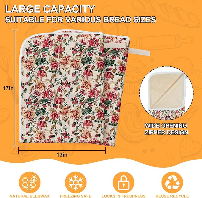 2-Pack Beeswax Lining Bread Bags for Bread Freshness 13"x17" | Reusable Beeswax Bread Bag for Sourdough, Floral Bees wax Bread Bags for Homemade Bread with Zipper