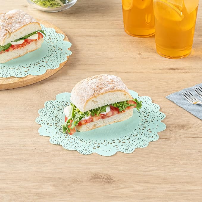 Pastry Tek 8 x 8 Inch Paper Lace Doilies, 100 Disposable Table Doilies - Elegant Lace Finish, Long Lasting, Teal Paper Doily, for Pastries, Cupcakes, Desserts - Restaurantware