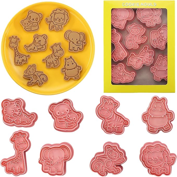 8 Pcs Cute Animal Cookie Cutters Set With Plunger Stamps Unique 3D Zoo-Themed Embossing Cutters for Baking Biscuit Muffins Royal Icing Decorations Fondant Cheese Cupcake Apple Pie Pancakes