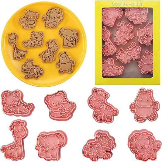 8 Pcs Cute Animal Cookie Cutters Set With Plunger Stamps Unique 3D Zoo-Themed Embossing Cutters for Baking Biscuit Muffins Royal Icing Decorations Fondant Cheese Cupcake Apple Pie Pancakes