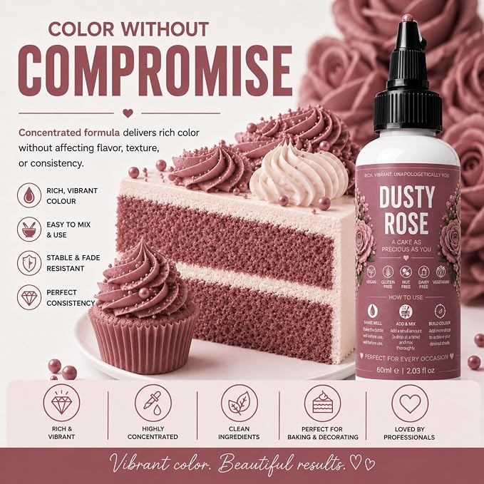 Confect Dusty Rose Gel Food Coloring – Highly Pigmented Gel Based Food Color for Buttercream, Cakes, Cookies & Baking – 60mL / 2 FL OZ