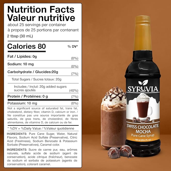 Syruvia Coffee Syrup, Swiss Chocolate Mocha Flavored Syrup for Drinks, Lattes, and Desserts – 25.4 fl oz - with Pump