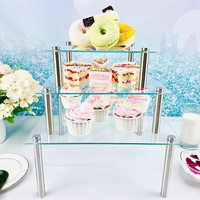 3 Pcs Square Tempered Glass Cake Stands Set 8 10 13 Inch Cupcake Display Stand Plate for Dessert Table Serving Platter