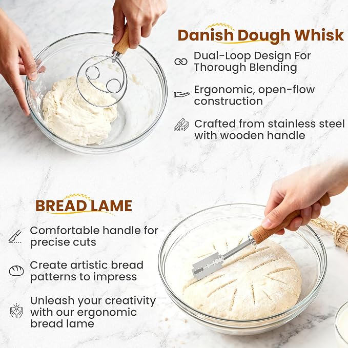 Nixta Bread Proofing Basket Set – 6-Piece Sourdough Bread Baking Kit with 9" Round & 10" Oval Banneton Baskets, Linen Liners, Danish Dough Whisk, Dough Scraper & 5 Stainless Steel Blades