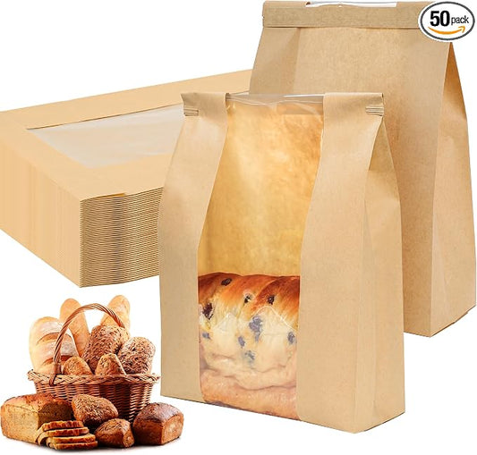 NPLUX 50 Pack Sourdough Bread Bags for Homemade Bread with Tin Tie Tab Lock Bakery Bags with Window kraft Bag for Toast Sandwich Cookie Snacks, Graduation Gift Bags(8.27x13.6x3.54In)