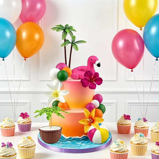 20 PCS Hawaiian Beach Cake Decorations Set Summer Tropical Cake Topper with Flamingo Rainbow Coconut Tree for Hawaiian Party Beach Theme Party Decor