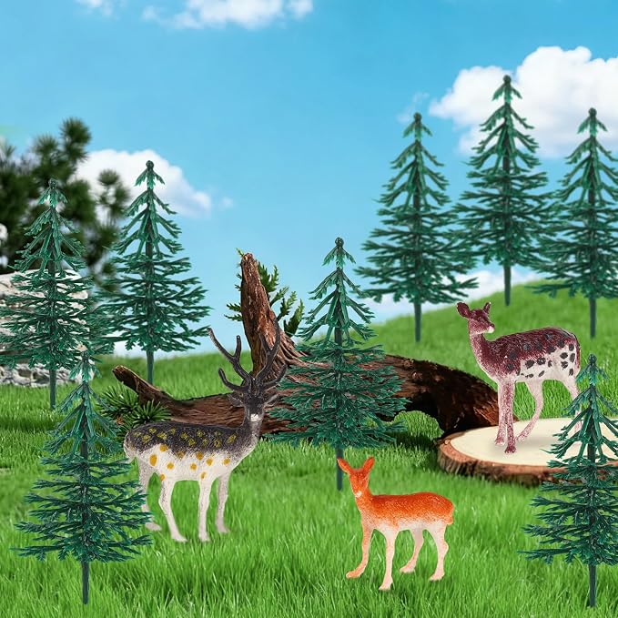 15PCS Deer Cake Topper Tree Cake Topper Christmas Cakes Decorations with Mini Tree Deer Figurine for Birthday Party Decorations Hunting Themed Decor Christmas Party Supply